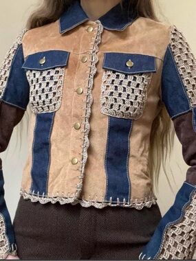 Wilsons Leather Patchwork Suede & Crochet Jacket in Tan, Blue & Brown